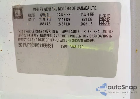 2012 Chevrolet Impala Ls из США, поврежденный, VIN 2G1WF5E38C1155681